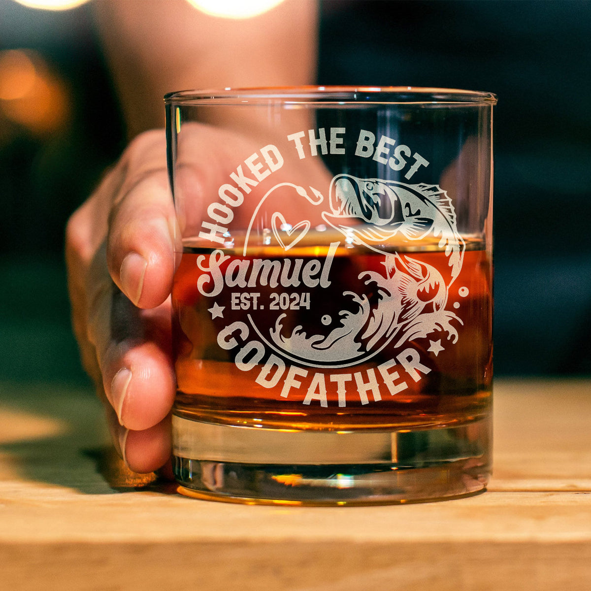 Custom Hooked The Best Godfather Gift - Custom Father's Day Gift on Rock Glass - Funny Fishing Whiskey Glass Gifts for Dad