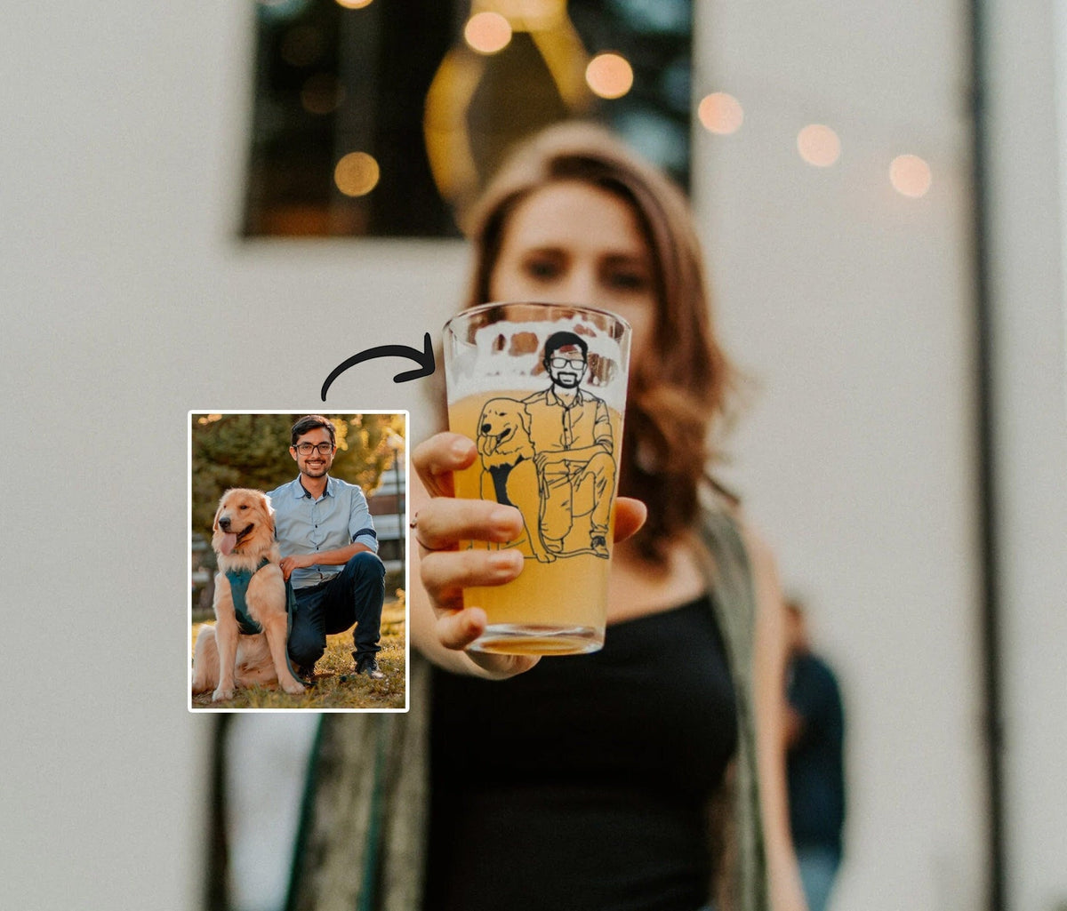 Father's Day Dad With Dog Portrait Beer Glass, Custom Photo Art for Pet Owner, Personalized Birthday Pint Glass, Best Fur Animal Drinkware