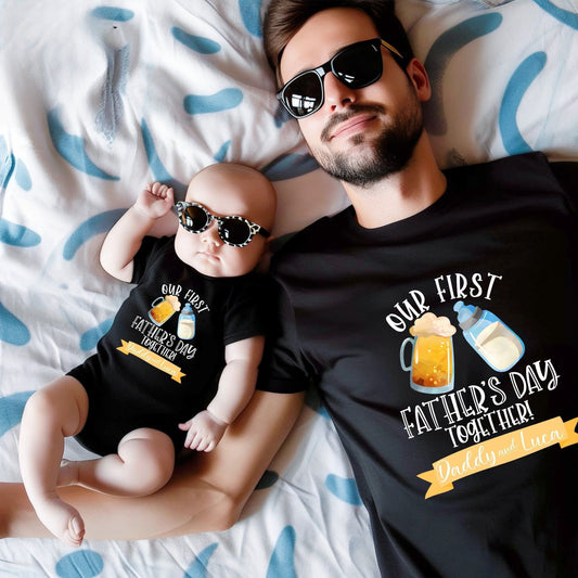 Our First Father's Day Matching Shirt And Bodysuit With Custom Names, Personalized Dad And Baby Shirts, Father's Day Gift, New Dad Shirt