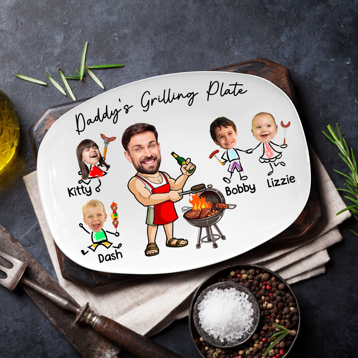 Custom Daddy's Grilling Plate, Custom Kids Face Grilling Plate For BBQ King, Gift for Father's Day, Gift For Dad From Kids, Daddy Gifts