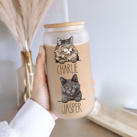 Personalized Cat Mom Tumbler, Custom Cat Mom Frosted Glass Cat Lover Gifts Personalized Fur Mama Gift 16 oz Frosted Glass Cup Cat Dad Gifts