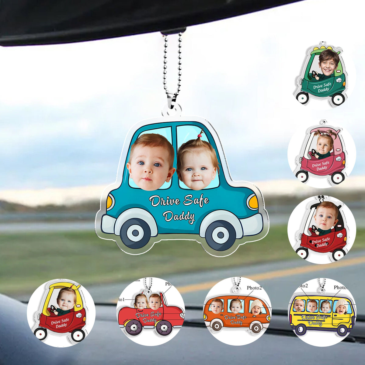 Customized Drive Safe Daddy Acrylic Car Hanger for Dad, Mom, Grandpa, Personalized Acrylic Baby Car Hanger, 1st Father's Day Gifts for Dad