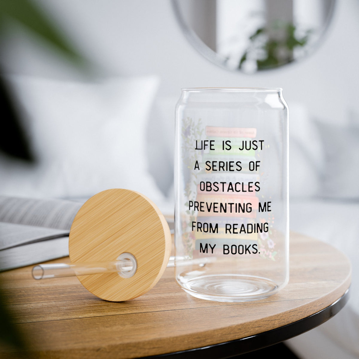 Personalized Favorite Books 16 oz Tumbler, Custom Bookshelf Sipper Glass Cup with Bamboo Lid, Bookworm Reader Book Lover Gift Coffee Cup
