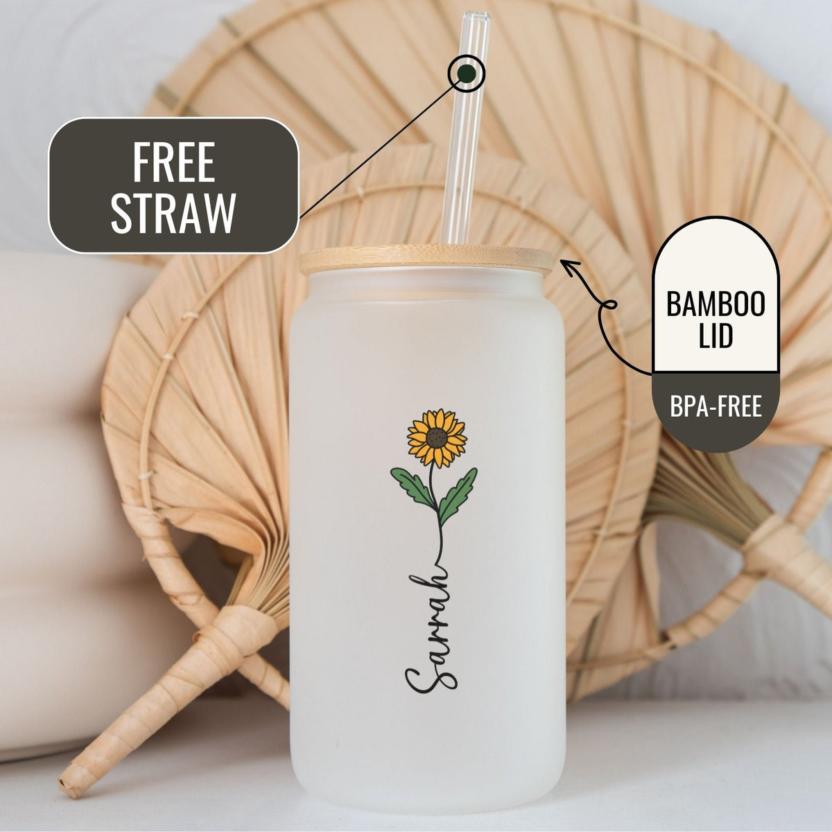 Sunflower Glass Tumbler, Personalized Sunflower Glass Can, Sunflower Lover Coffee Cup, Custom Name Sunflower Glass Can, Sunflower Coffee Cup