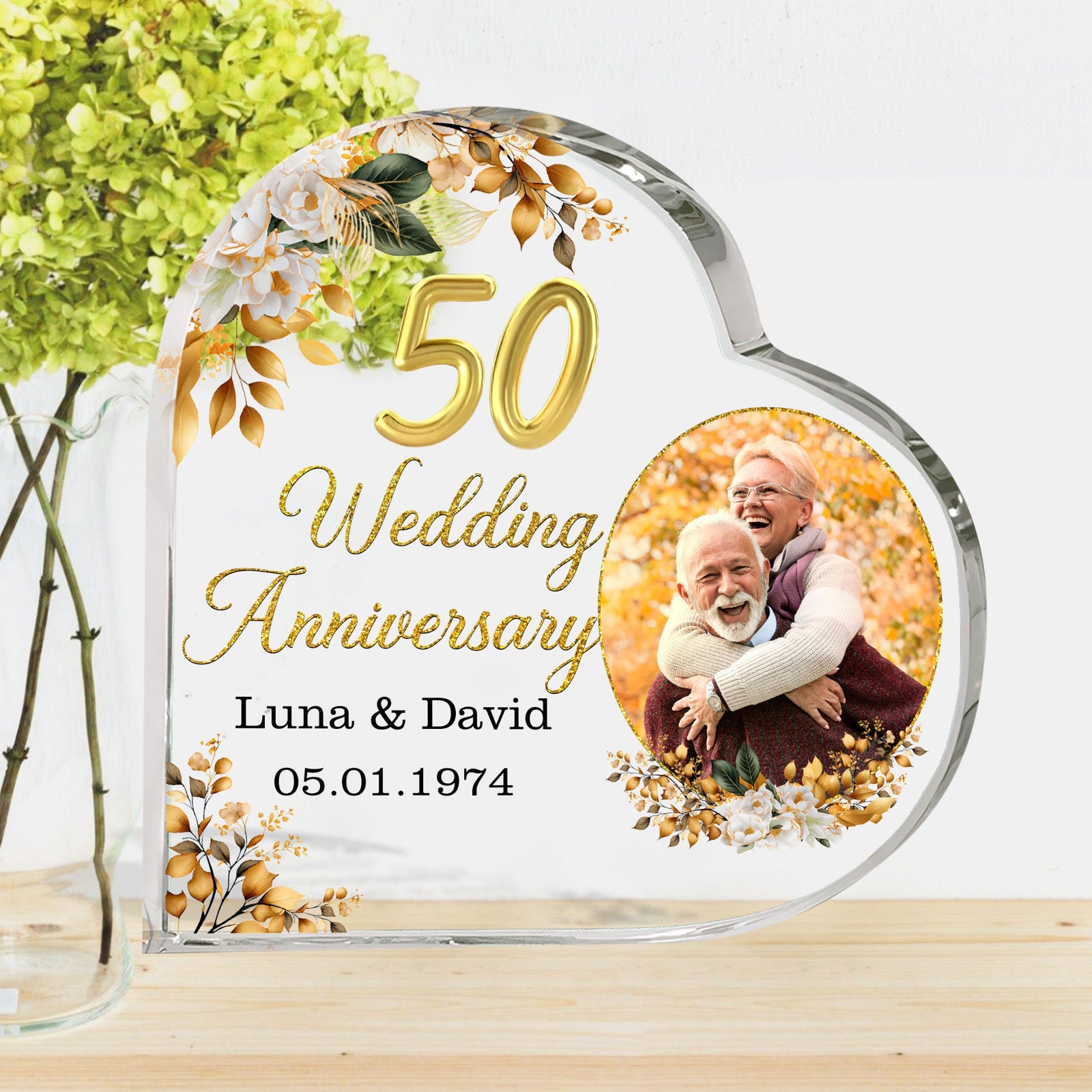 Personalized Photo 50th Wedding Anniversary Gift Heart Acrylic Plaque, 50 Gold Wedding Cake Topper Gifts, Golden 50 Anniversary Gift