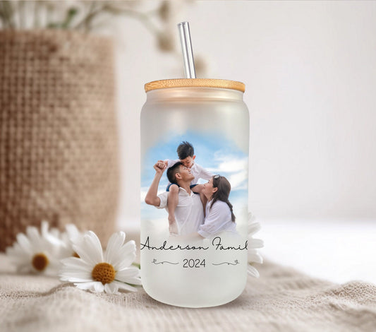 Custom Mug Frosted Glass Family Photo Name Gift Family Face Tumbler Glass Mom Gift for Dad Fathers Day Mug Glass Unique Gift Idea Photo Gift