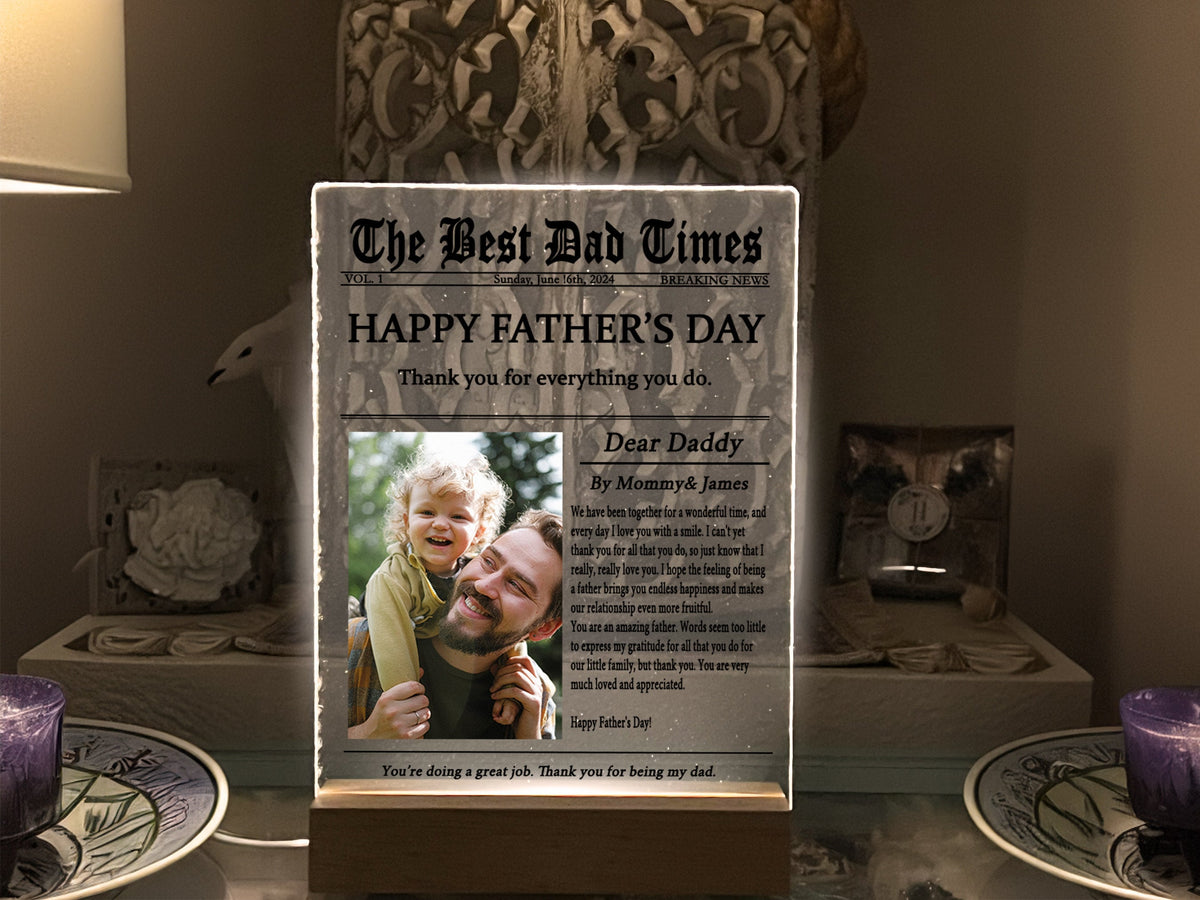 Personalized Night Light Gift for Father's Day, Custom Photo Collage LED Light for Home Decor, First Time Dad Gift, Newspaper design