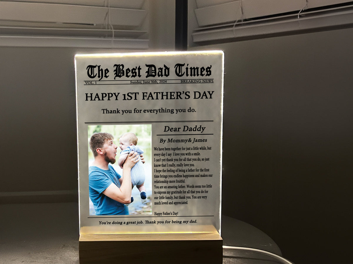 Personalized Night Light Gift for Father's Day, Custom Photo Collage LED Light for Home Decor, First Time Dad Gift, Newspaper design