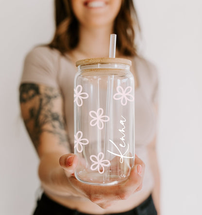 Glass Tumbler Personalized Flower Iced Coffee Cup with Name, Custom Glass with Lid and Straw, Personalized Gift Bridesmaid Gift Glass Cup