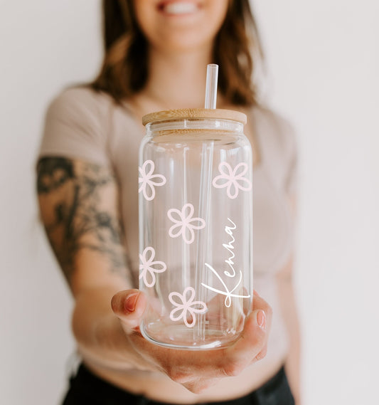 Glass Tumbler Personalized Flower Iced Coffee Cup with Name, Custom Glass with Lid and Straw, Personalized Gift Bridesmaid Gift Glass Cup