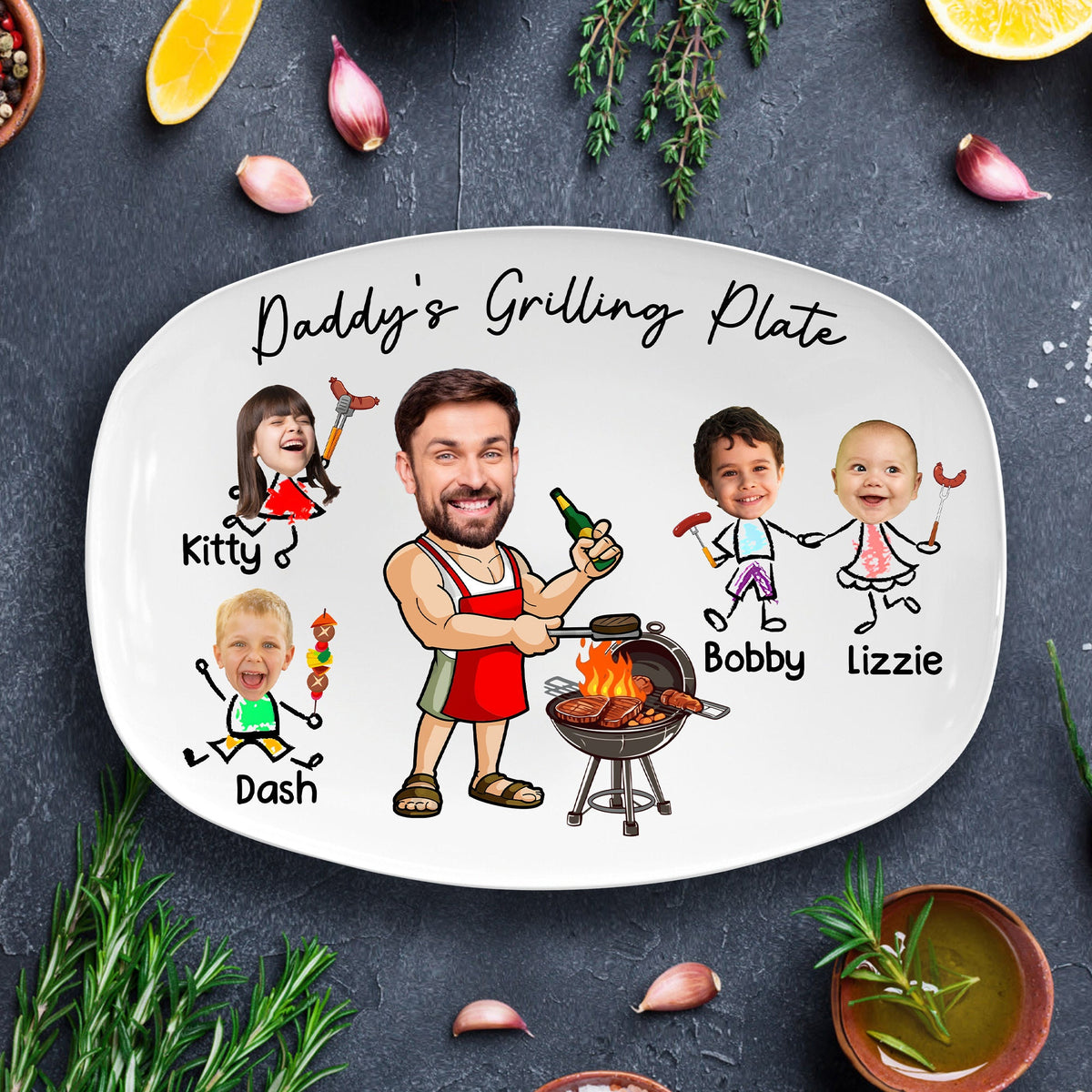 Custom Daddy's Grilling Plate, Custom Kids Face Grilling Plate For BBQ King, Gift for Father's Day, Gift For Dad From Kids, Daddy Gifts