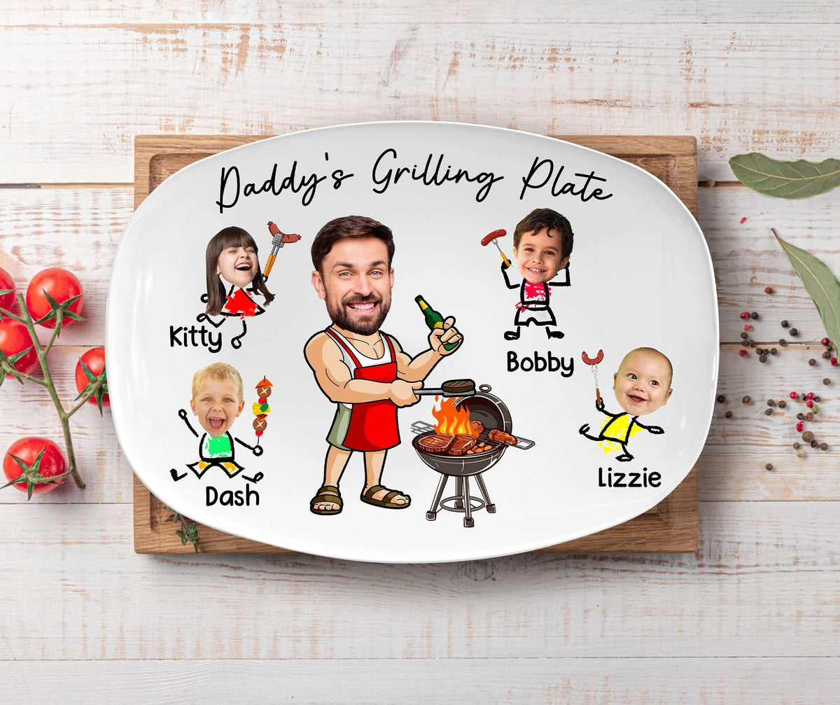 Custom Daddy's Grilling Plate, Custom Kids Face Grilling Plate For BBQ King, Gift for Father's Day, Gift For Dad From Kids, Daddy Gifts