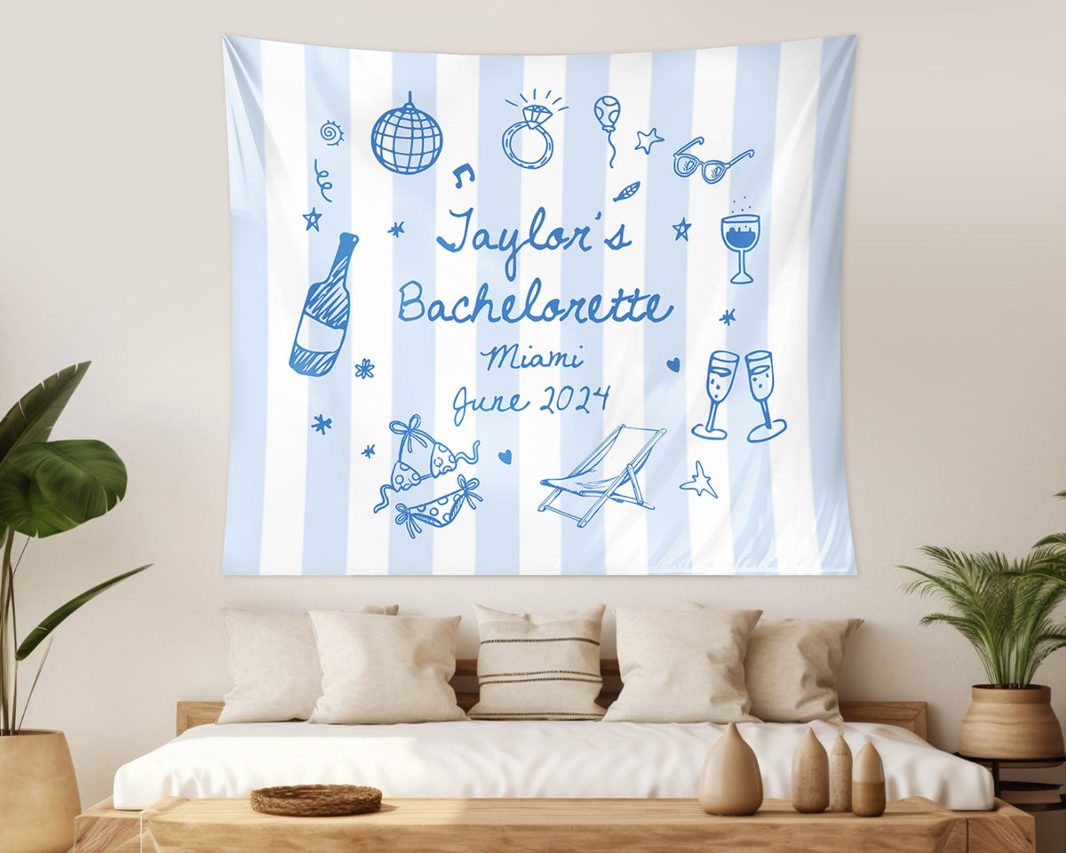 Bachelorette Party Decor, Personalized Beach Tapestry, Custom Location Party Banner, Bachelorette Coast Sign, Bachelorette Weekend Backdrop