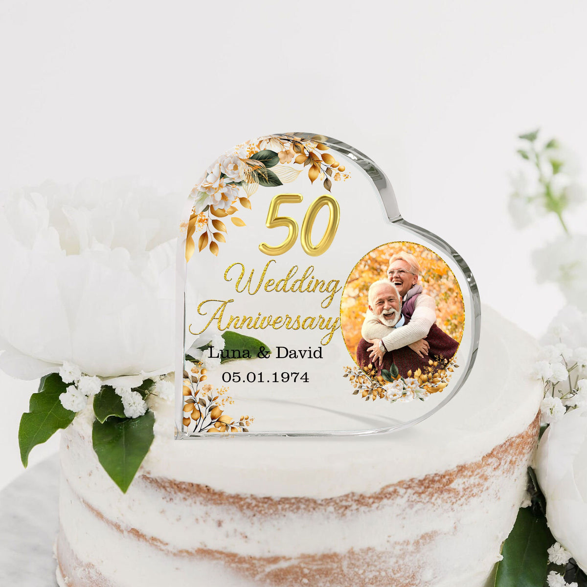 Personalized Photo 50th Wedding Anniversary Gift Heart Acrylic Plaque, 50 Gold Wedding Cake Topper Gifts, Golden 50 Anniversary Gift