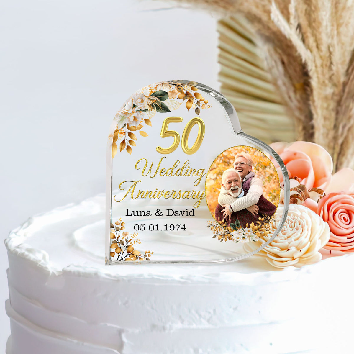 Personalized Photo 50th Wedding Anniversary Gift Heart Acrylic Plaque, 50 Gold Wedding Cake Topper Gifts, Golden 50 Anniversary Gift