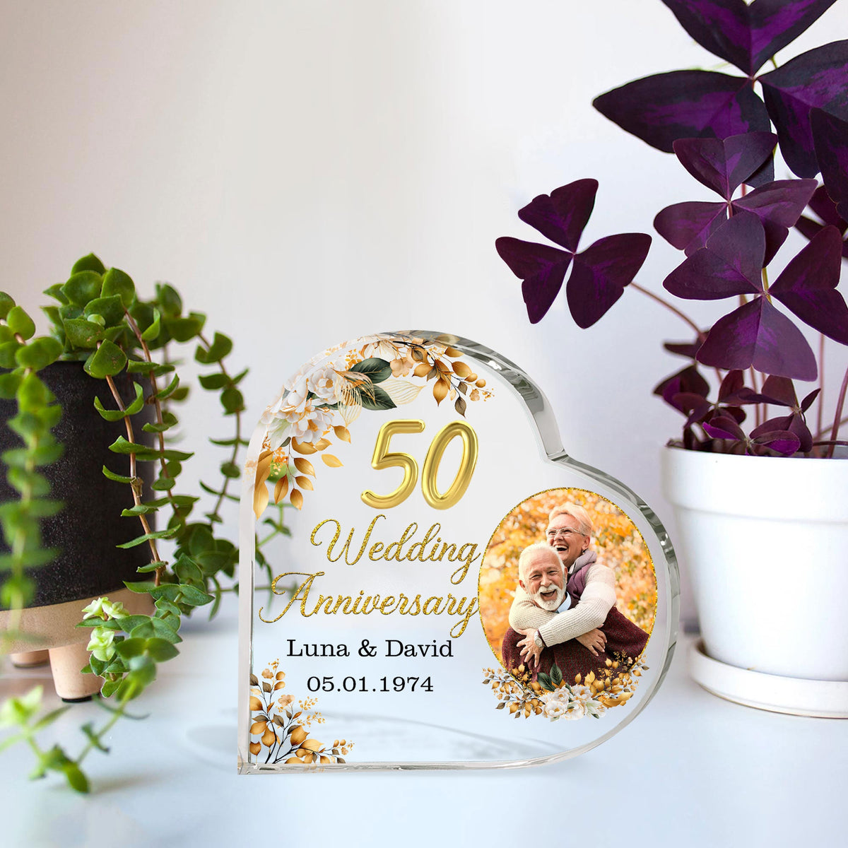Personalized Photo 50th Wedding Anniversary Gift Heart Acrylic Plaque, 50 Gold Wedding Cake Topper Gifts, Golden 50 Anniversary Gift