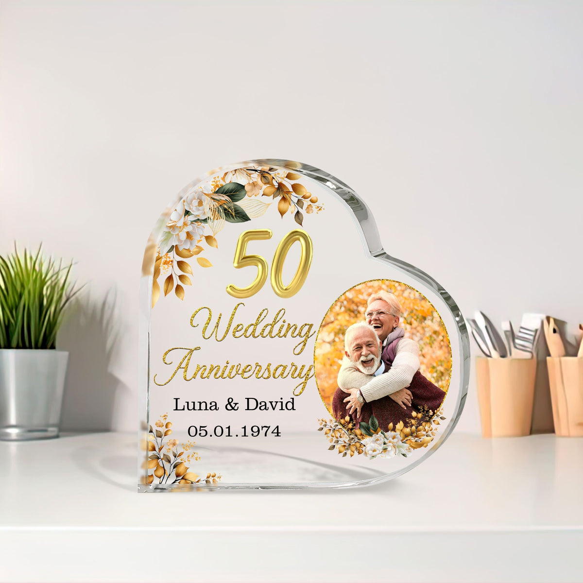 Personalized Photo 50th Wedding Anniversary Gift Heart Acrylic Plaque, 50 Gold Wedding Cake Topper Gifts, Golden 50 Anniversary Gift