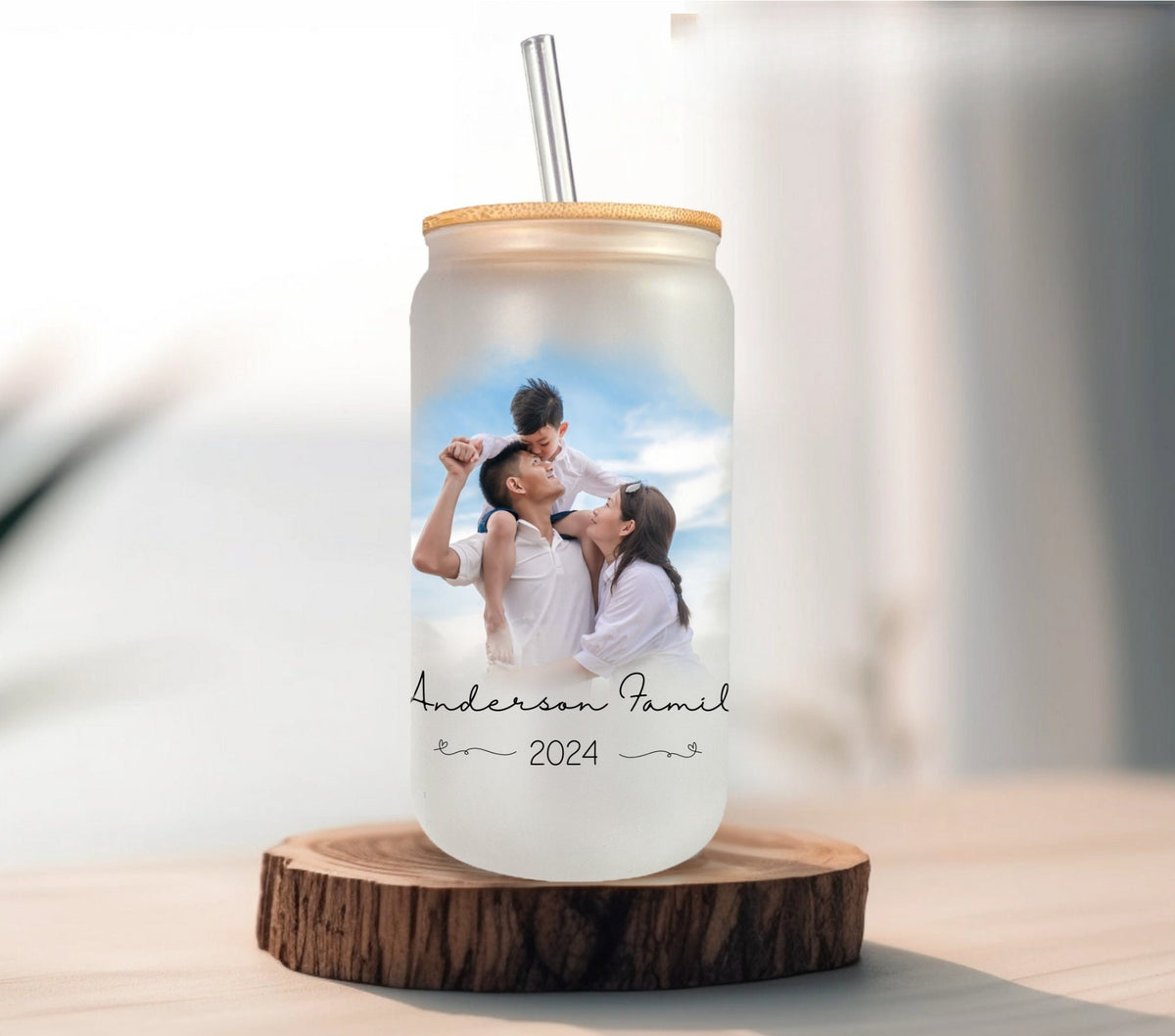 Custom Mug Frosted Glass Family Photo Name Gift Family Face Tumbler Glass Mom Gift for Dad Fathers Day Mug Glass Unique Gift Idea Photo Gift