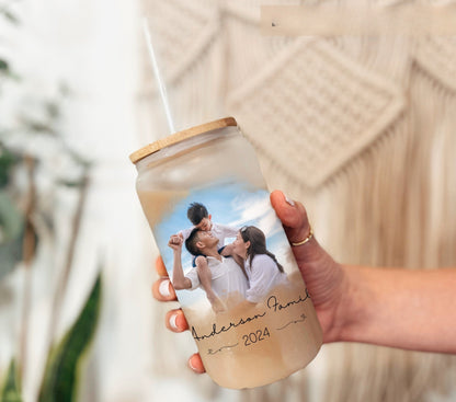 Custom Mug Frosted Glass Family Photo Name Gift Family Face Tumbler Glass Mom Gift for Dad Fathers Day Mug Glass Unique Gift Idea Photo Gift