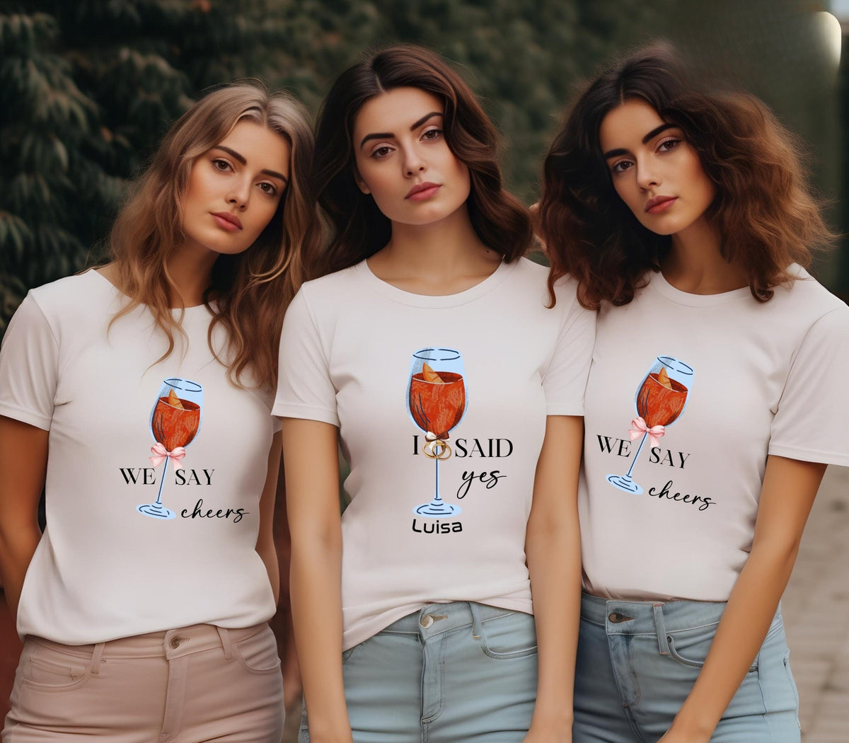 Hen Party Tees, I Said Yes We Say Cheers T-Shirts, Bachelorette Party Shirts, Custom Name Bachelorette T-Shirts, Personalized JGA Gifts