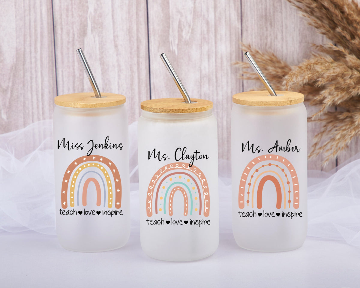 Personalized Teacher Tumbler, Rainbow Iced Coffee Cup, Teacher Appreciation Gift, Thank You Teacher Gift, Christmas Gifts for Teacher