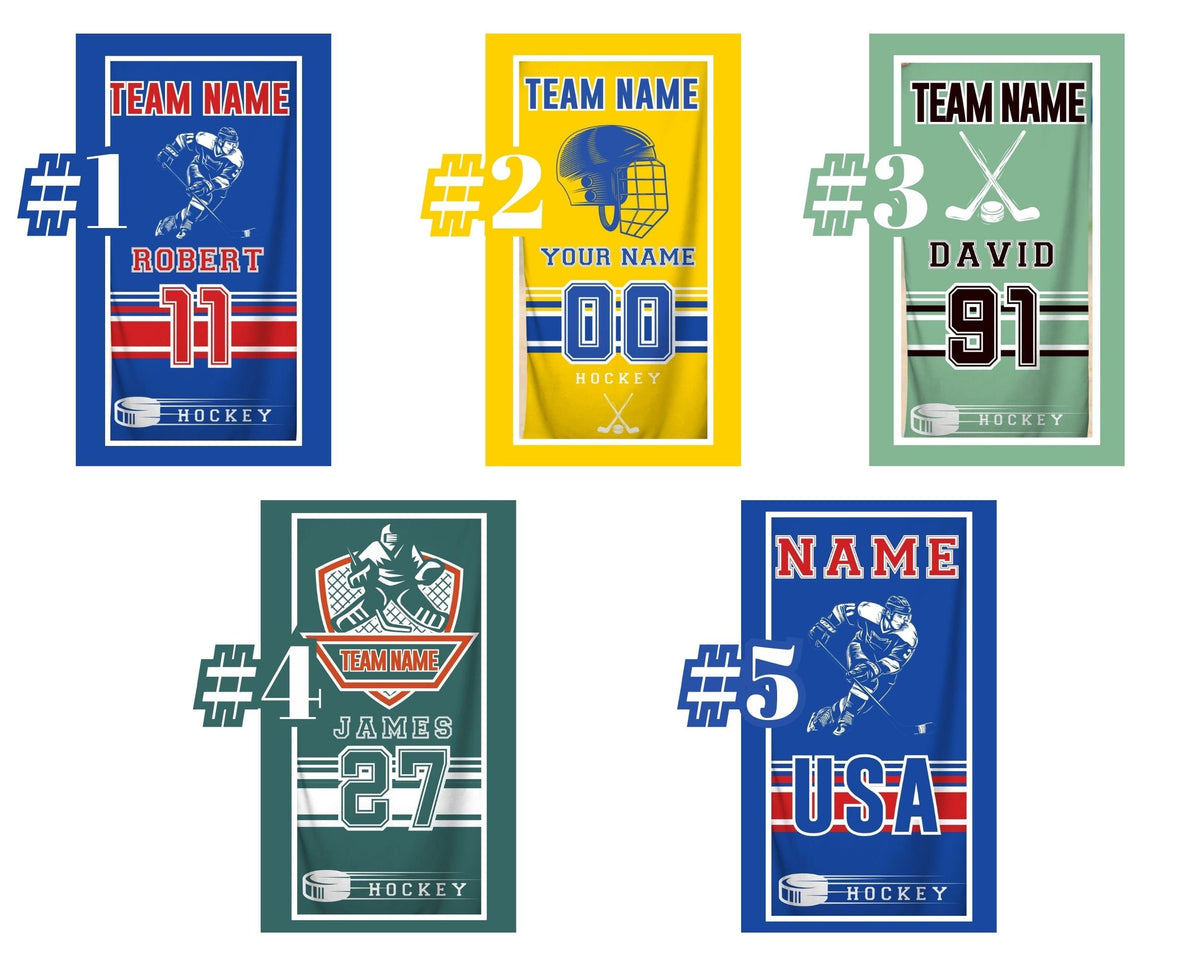 Personalized Hockey Team Beach Towel, Custom Hockey Dad Gift, Sports Mom Towel, Hockey Baby Name Gift, Hockey Jersey Number, Sports Fan Gift