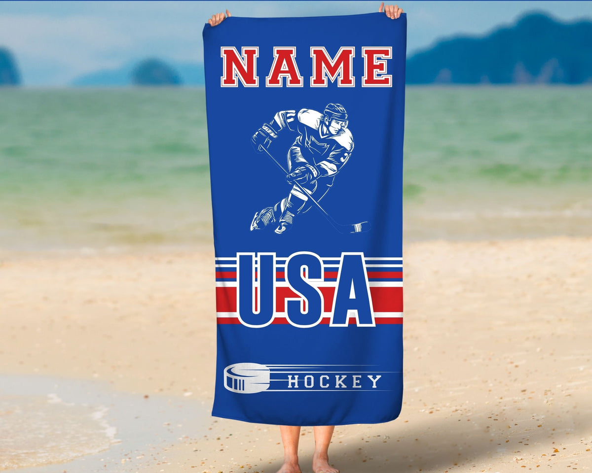 Personalized Hockey Team Beach Towel, Custom Hockey Dad Gift, Sports Mom Towel, Hockey Baby Name Gift, Hockey Jersey Number, Sports Fan Gift