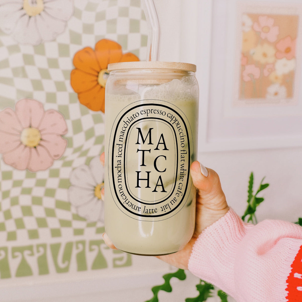 MATCHA Reusable Glass Cup Tumbler Gift for Her, Matcha Tea Cup, Iced Coffee Glass with Lid Straw, Etched Coffee Cup Birthday Gift for Women