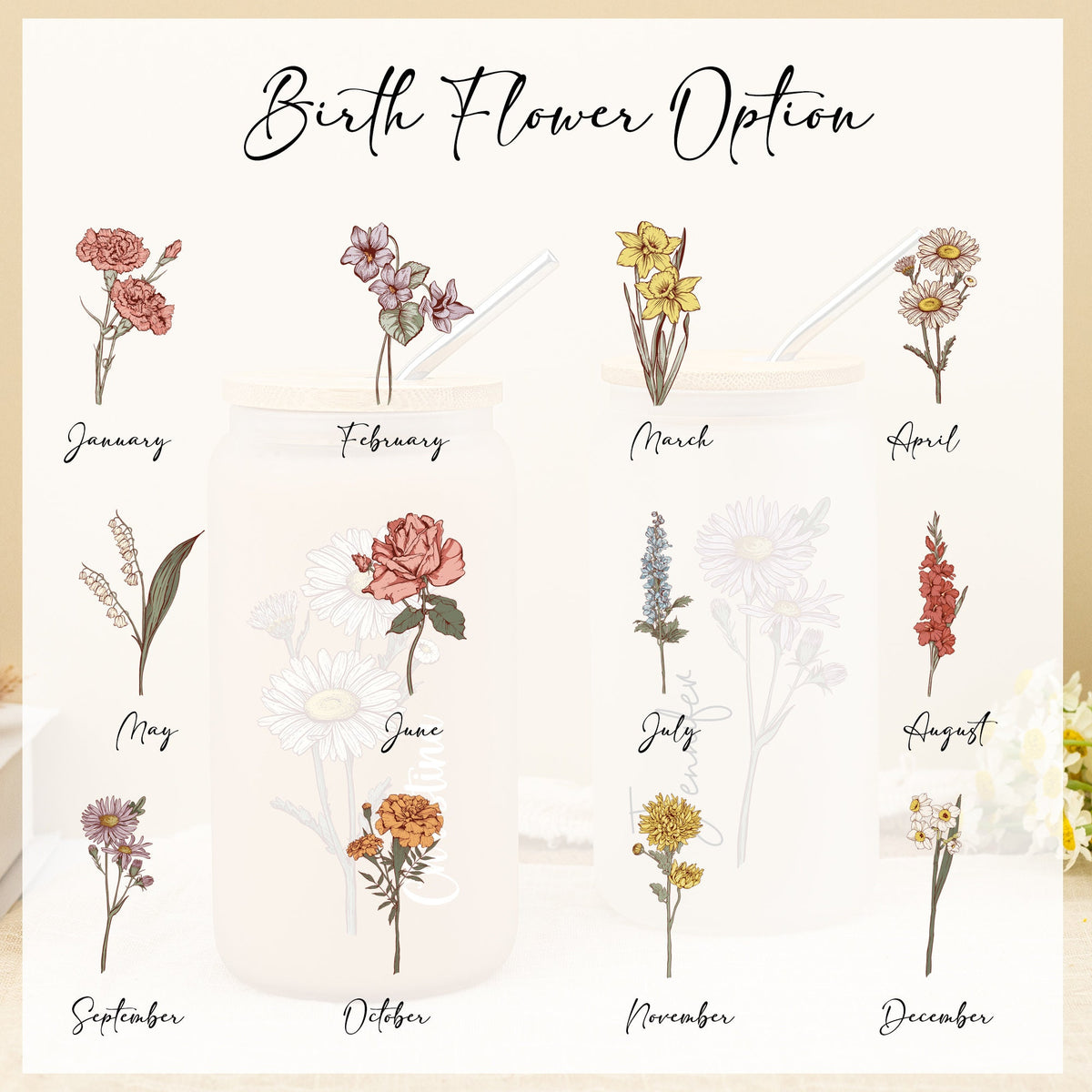 Personalized Birth Flower Tumbler, Custom Sister Gifts For Birthday, Bridesmaid Proposal Gift, Graduation Gift, Custom Glass Coffee Cup