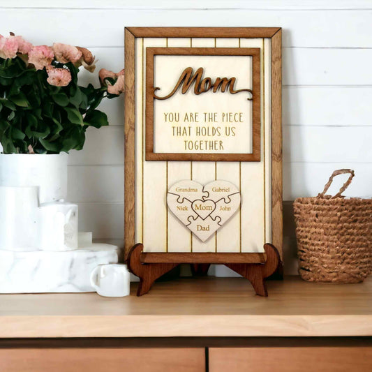 Personalized Mom Gift 'You are the piece that holds us together' Puzzle with Names for Mother Engraving Wood Mother's Day Gift Mommy Gift
