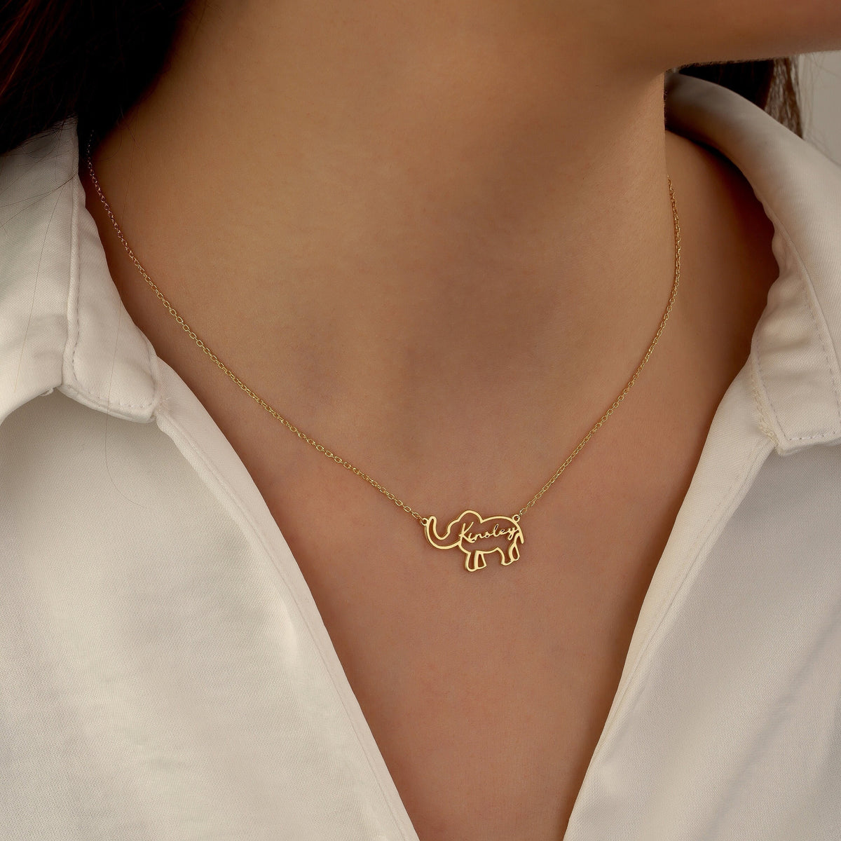 Elephant Name Necklace, Animal Name Necklace, Gold Nameplate Elephant Necklace, Protective Jewelry, Elephant Lovers Pendant
