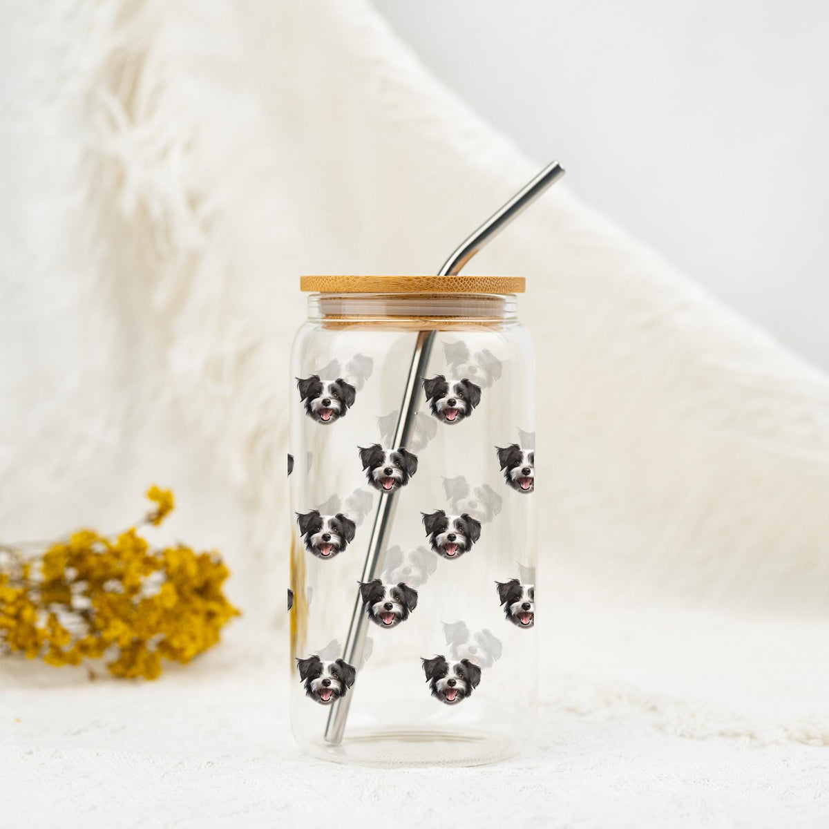Custom Pet Photo Glass Tumbler with Bamboo Lid & Straw, Custom Pet Photo Iced Coffee Cup, Custom Cat Glass, Custom Dog Mug, Glass Tumbler