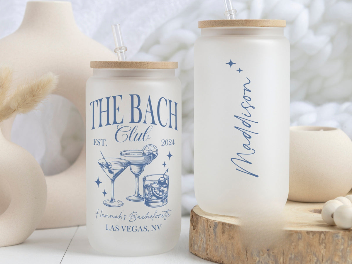 Personalized Bachelorette Iced Coffee Cup, The Bach Club Frosted glass tumbler, Bamboo Lid, Bachelorette Party Gift, Cocktails or Champagne