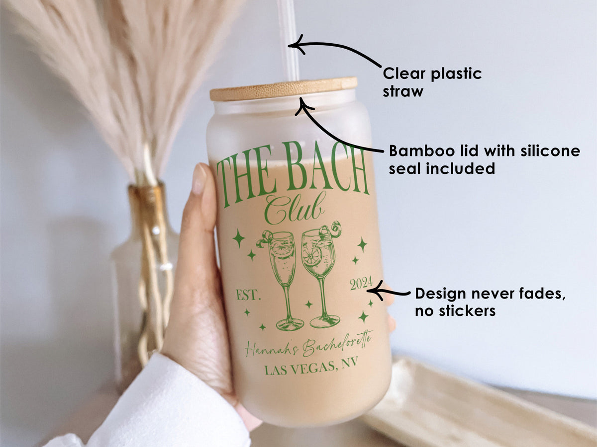 Personalized Bachelorette Iced Coffee Cup, The Bach Club Frosted glass tumbler, Bamboo Lid, Bachelorette Party Gift, Cocktails or Champagne