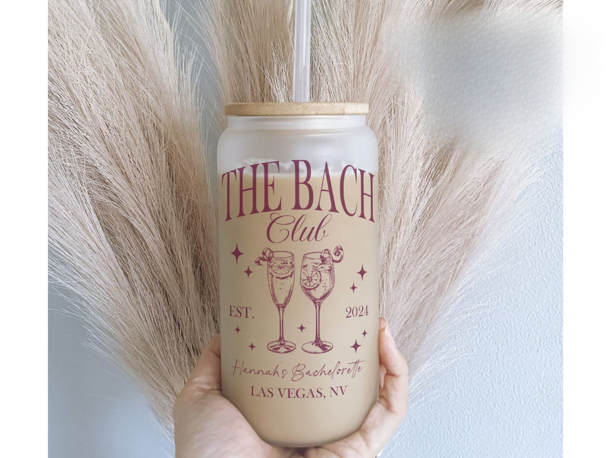 Personalized Bachelorette Iced Coffee Cup, The Bach Club Frosted glass tumbler, Bamboo Lid, Bachelorette Party Gift, Cocktails or Champagne
