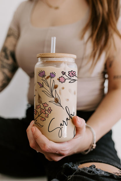 Personalized Iced Coffee Cup Floral Retro, Custom Can Glass with Lid and Straw, Bridesmaid Gift, Bachelorette Glass Cup, Bridesmaid Proposal