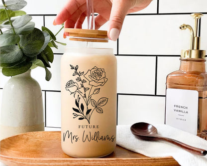 Personalized Future Mrs Coffee Glass Cup, Custom Engagement Gift, Bridal Shower Gift, Bride To Be, Fianc e Gift, Gift for Her