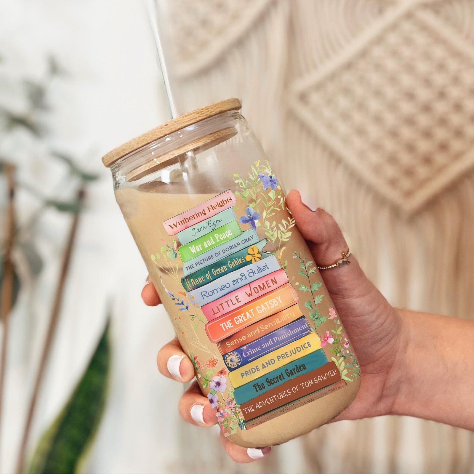 Personalized Favorite Books 16 oz Tumbler, Custom Bookshelf Sipper Glass Cup with Bamboo Lid, Bookworm Reader Book Lover Gift Coffee Cup