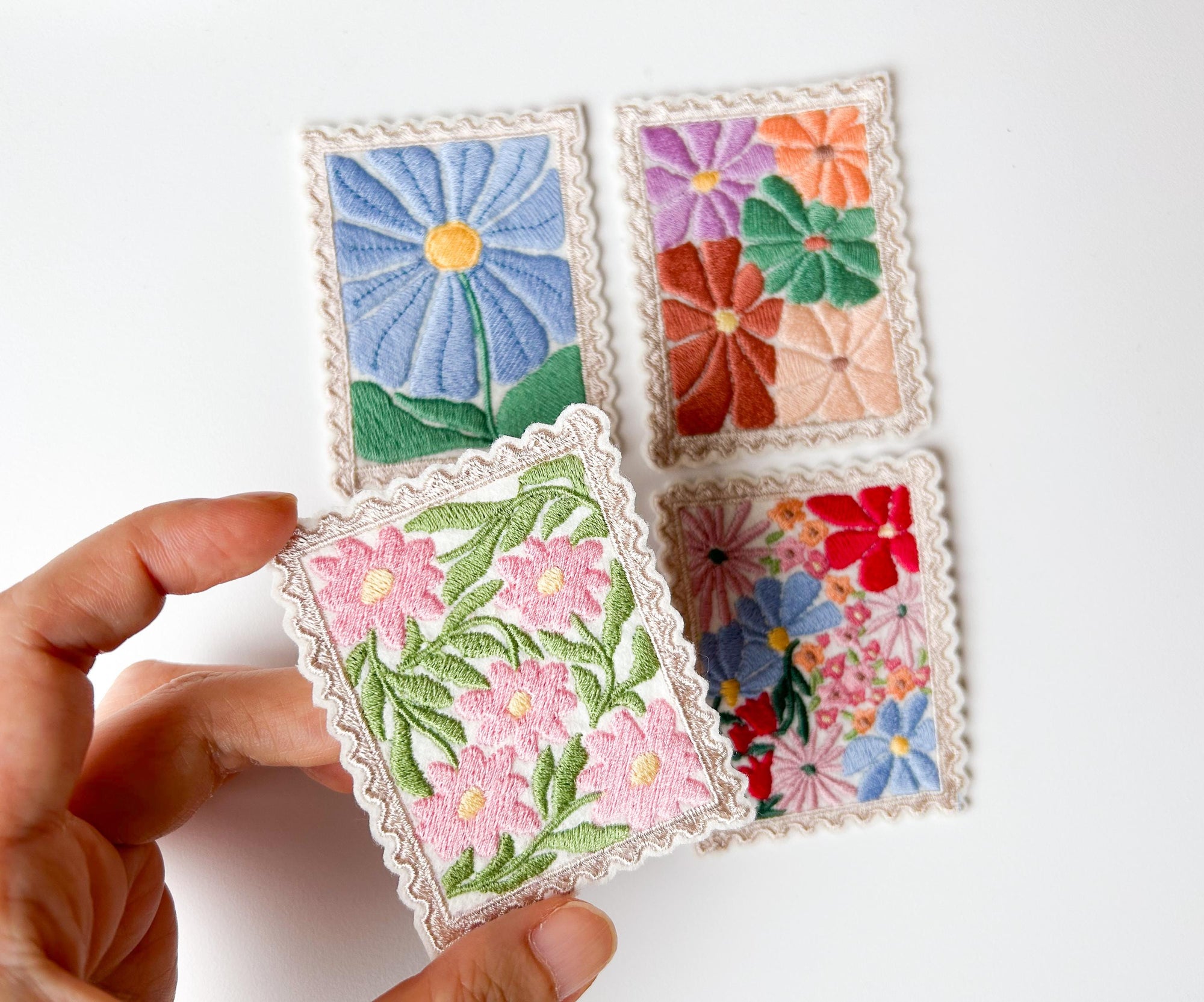 Flower Stamp Iron on Patches, Floral Embroidered Applique, Vintage Stamp Patch, Decor for Jeans Bag Sweatshirt, Small Gift Ideas