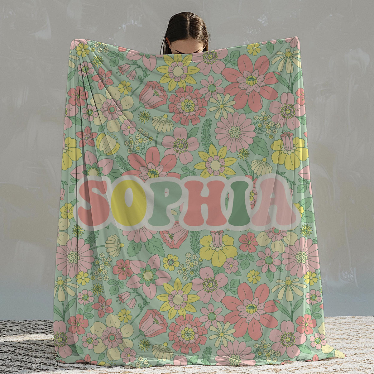 Personalized Custom Kids Flower Retro Blanket with Name Custom Birthday Anniversary Baby Name Blanket Gift Daughter Teen Girl Baby Shower