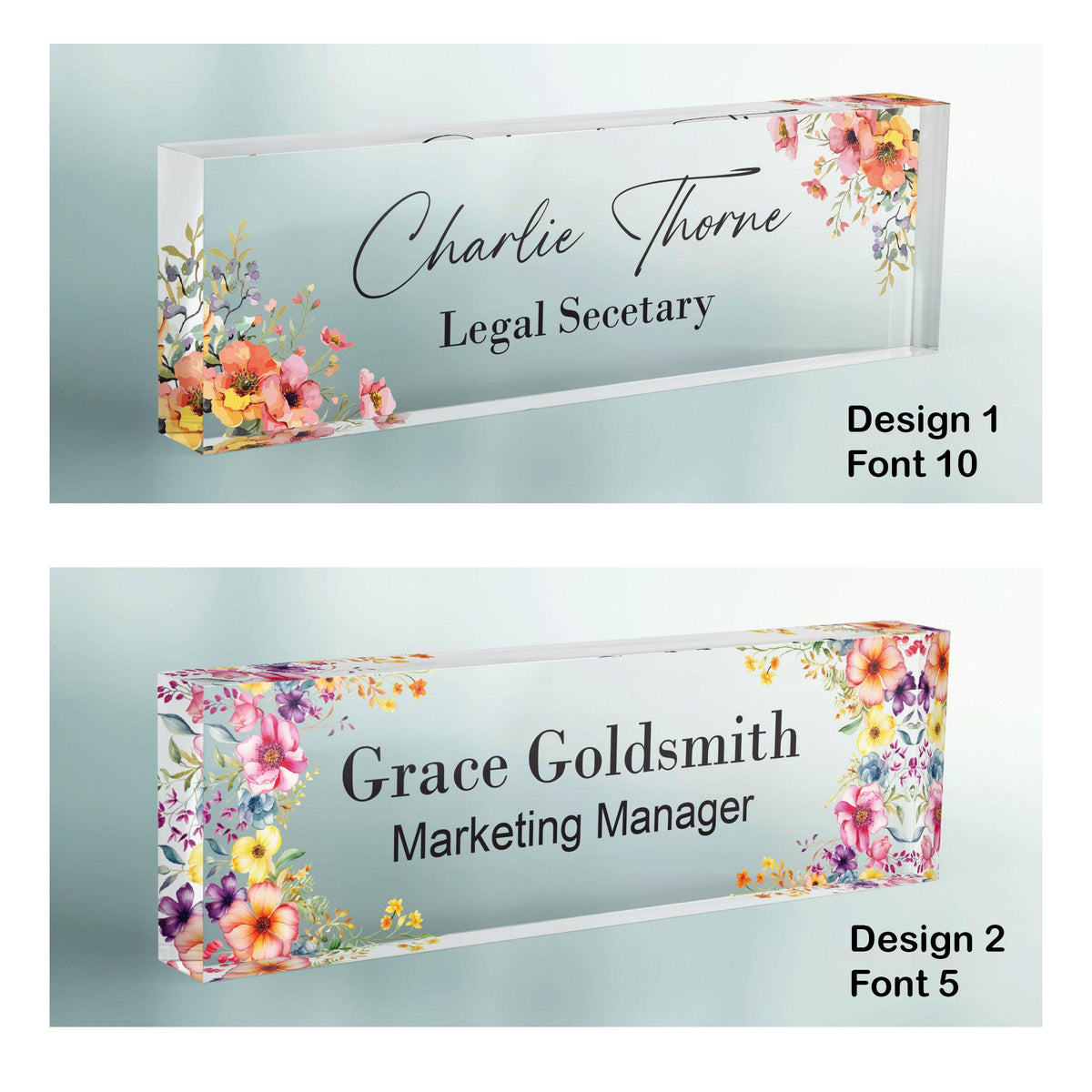 CUSTOM Floral Name Desk Plate, Personalised Name Sign Plaque for Office Decor, Clear Acrylic Block, Teacher New Job PHD Secret Santa Gift