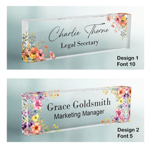 CUSTOM Floral Name Desk Plate, Personalised Name Sign Plaque for Office Decor, Clear Acrylic Block, Teacher New Job PHD Secret Santa Gift