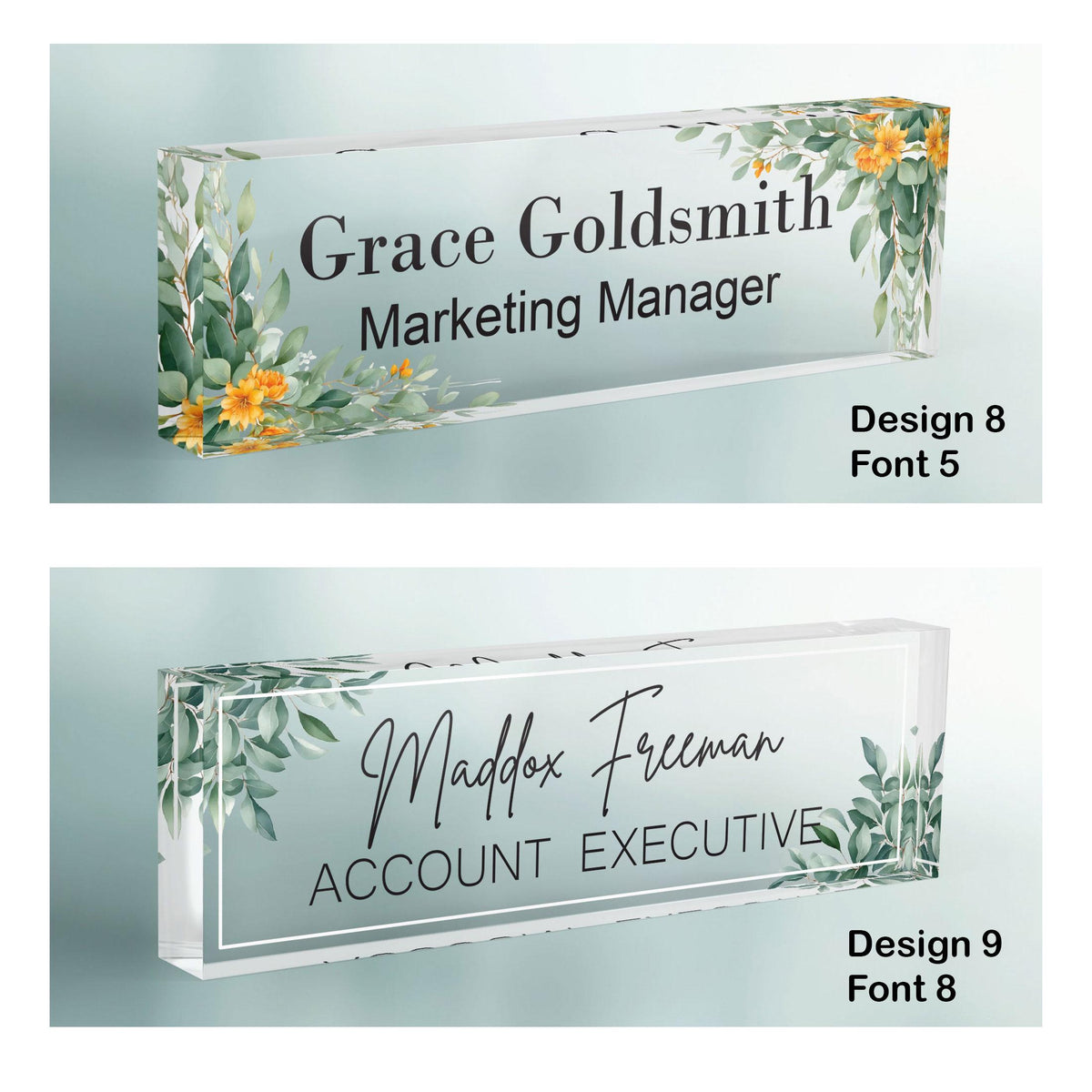 CUSTOM Floral Name Desk Plate, Personalised Name Sign Plaque for Office Decor, Clear Acrylic Block, Teacher New Job PHD Secret Santa Gift