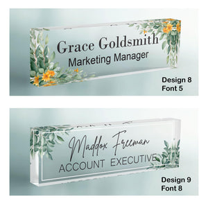 CUSTOM Floral Name Desk Plate, Personalised Name Sign Plaque for Office Decor, Clear Acrylic Block, Teacher New Job PHD Secret Santa Gift