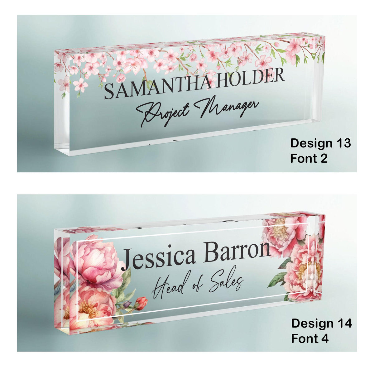 CUSTOM Floral Name Desk Plate, Personalised Name Sign Plaque for Office Decor, Clear Acrylic Block, Teacher New Job PHD Secret Santa Gift