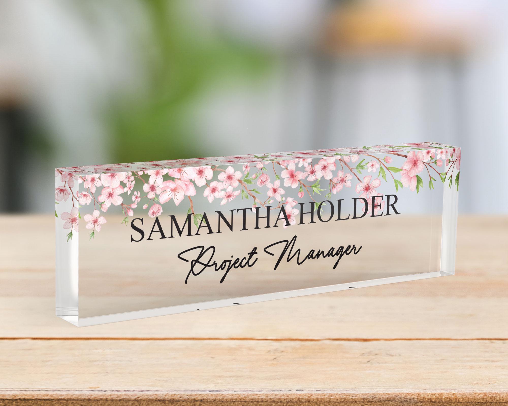 CUSTOM Floral Name Desk Plate, Personalised Name Sign Plaque for Office Decor, Clear Acrylic Block, Teacher New Job PHD Secret Santa Gift