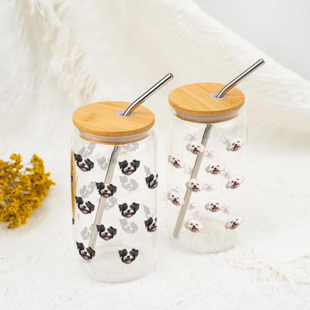 Custom Pet Photo Glass Tumbler with Bamboo Lid & Straw, Custom Pet Photo Iced Coffee Cup, Custom Cat Glass, Custom Dog Mug, Glass Tumbler
