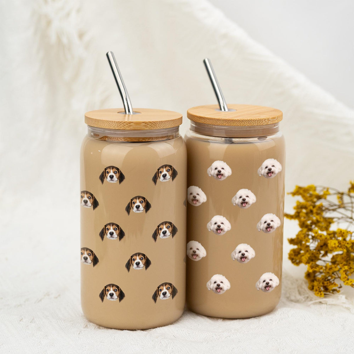 Custom Pet Photo Glass Tumbler with Bamboo Lid & Straw, Custom Pet Photo Iced Coffee Cup, Custom Cat Glass, Custom Dog Mug, Glass Tumbler