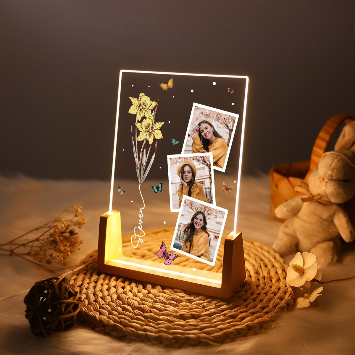 Personalized Photo Night Light with Birthflower,Floral LED Lamp,Birthday Gift for Her,Bedroom Decor,Photo Collage Gift,Wedding Anniversary