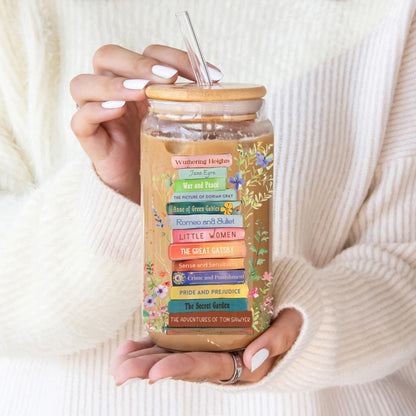 Personalized Favorite Books 16 oz Tumbler, Custom Bookshelf Sipper Glass Cup with Bamboo Lid, Bookworm Reader Book Lover Gift Coffee Cup